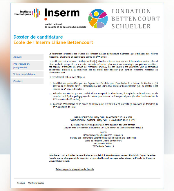 Dossier de candidature - École de l'Inserm Liliane Bettencourt 2014-2018