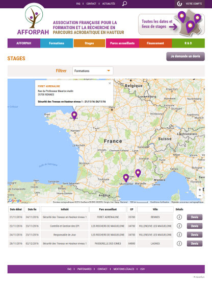 Le calendrier des stages est accompagné d'une présentation géolocalisée afin d'aider les stagiaires à sélectionner une session à proximité de chez eux Le calendrier des stages est accompagné d'une présentation géolocalisée afin d'aider les stagiaires à sélectionner une session à proximité de chez eux